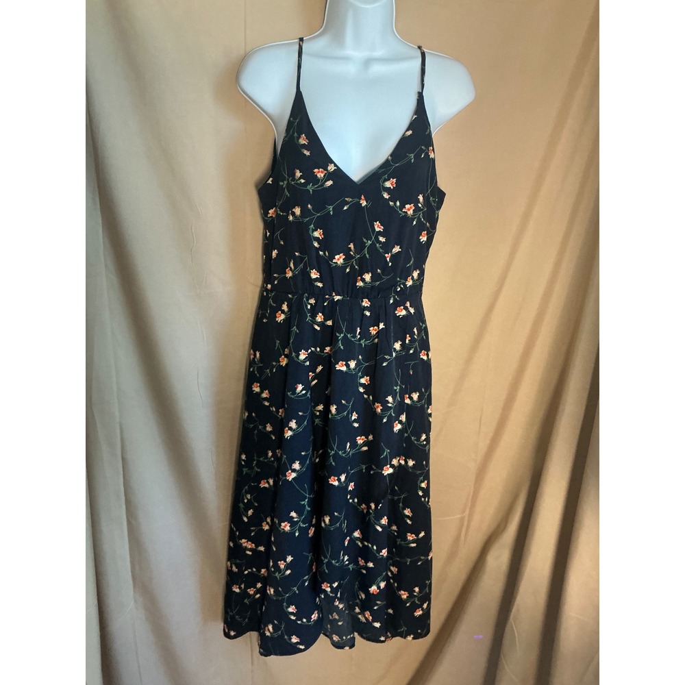 Unbranded Floral High-Low Midi Dress Women XS Navy Blue Excellent V-Neck Chiffon